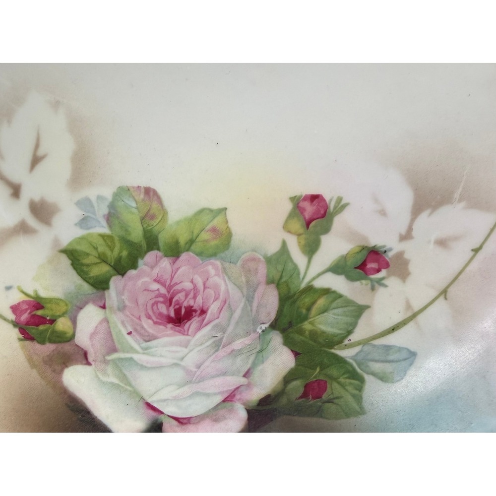 Vintage German Porcelain Handled Cake Plate Hand Painted Pink Roses Gold Trim - Picture 6 of 11